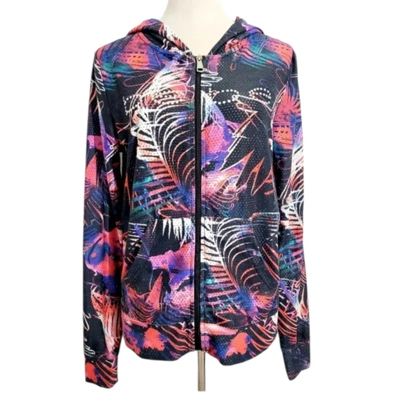 BEBE SPORT Abstract Print Colorful Floral Bling Zip Up Hoodie Womans Size Medium - Picture 2 of 12